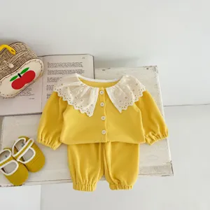 Infant girls waffle knit two-piece set, cute French lace collar long sleeve top and pants.