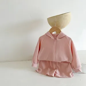 Baby pink waffle knit tracksuit hooded jacket and shorts two piece set for toddler kids.
