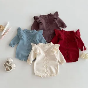 Cute baby knitted ruffle sleeve romper infant cotton bodysuit winter sweater apparel