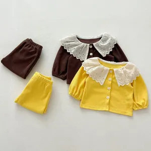Toddler infant girls waffle knit clothing set long sleeve top and pants with cute lace collar