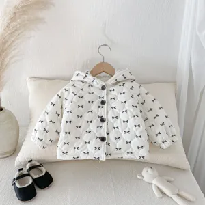 Infant hooded cotton coat with cute bow print for sweet baby winter wear details