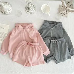 Waffle knit baby hooded jacket and shorts two piece set detail view, comfortable daily wear.