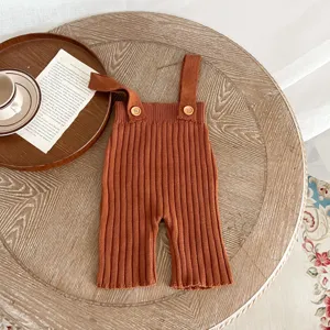 gebreide baby romper broek bruin hoge taille peuterdier schattig herfst lente bretels kleding