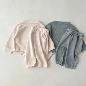 Infant baby waffle sweatshirt casual two-piece set, long sleeve top and cozy trousers for kids.