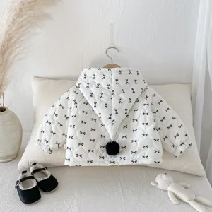 Infant baby girl hooded padded coat with cute bow print and pom-pom detail in cozy white.