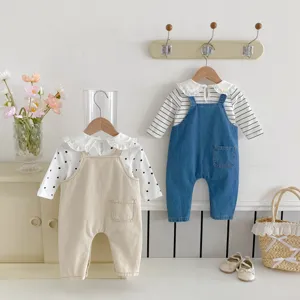 Cute baby infant toddler overall pants set with ruffle collar long sleeve shirt spring autumn clothing