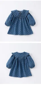 Cute baby girl denim dress long sleeve ruffled collar bow print spring infant toddler cute outfit