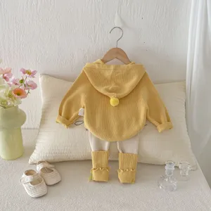Baby girl spring knit hooded sweater leggings set detail, cute 3d pom-pom design, soft toddler outfit