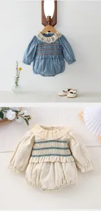 Baby girl long sleeve smocked romper with lace collar, cute Korean style infant one-piece.