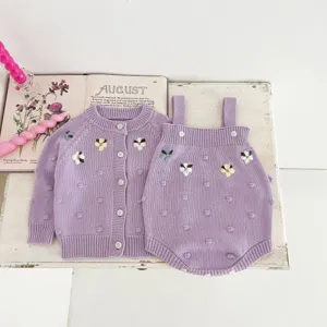 Baby girl knit cardigan and strap romper set cute floral embroidery toddler clothing 2pcs