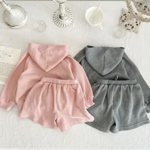 Infant waffle hoodie and shorts set autumn cute baby casual hooded two-piece outfit.
