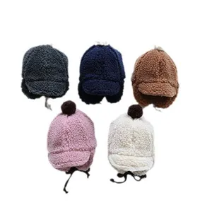 Cute baby fleece earflap hat winter warm teddy bear toddler duckbill cap main view.