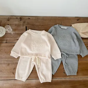 Toddler waffle knit sweatshirt pants set cute bear embroidery baby loungewear 2-piece outfit