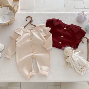 Baby knit romper and cardigan set, cute ruffles and wooden buttons, cozy autumn baby clothes.