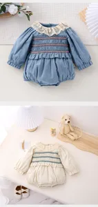 Cute baby girl long sleeve romper with lace collar and smocked details for spring daily wear.
