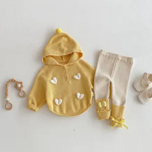 Girls spring knitted hooded sweater and leggings set with cute 3D hearts and bow details.