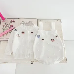 infant baby girl knit sweater set cute cotton embroidered cardigan strap romper two piece