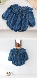 Infant baby denim romper features cute bow print, large ruffle collar and long sleeves.