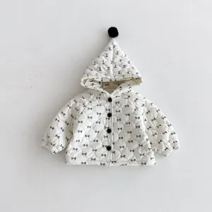 Infant hooded quilted cotton jacket featuring sweet black bow patterns and cute pom-pom detail.