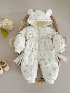 Cute baby winter snowsuit with bear ears and floral print, cozy padded romper for infants.