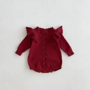 Baby knit romper with flying sleeves and cute ruffles, autumn winter warm knit bodysuit detail