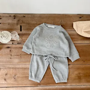 Toddler waffle knit sweatshirt set casual long sleeve top and pants for baby boys and girls.