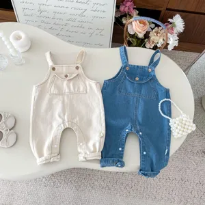 Baby denim overalls romper spring autumn infant cute jumpsuit with snap closure and pockets.