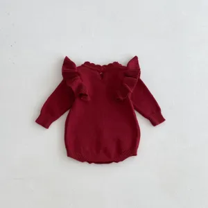 Baby girl knit ruffle sleeve romper wine red winter cute infant bodysuit detail view