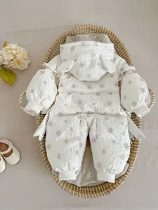 Cute baby winter warm down jumpsuit with floral print, cozy hooded romper for infant girls.