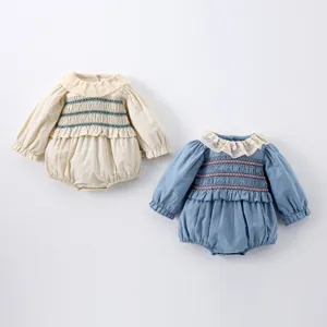 Baby Girls Long Sleeve Romper Cotton Ruffle Collar Smoked Bubble Sleeve Infant Bodysuit Cute Spring Fall Infant Clothing