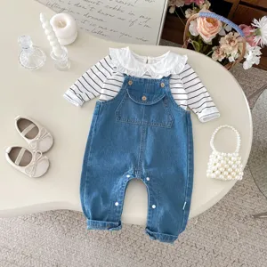 Cute baby cotton long sleeve striped top and denim overall romper set for spring infant wear.