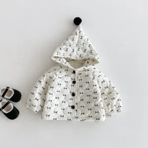 Infant baby girls cute hooded quilted cotton coat with sweet bow print and pom-pom