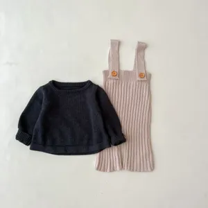Gedetailleerd overzicht van schattige baby gebreide truien en bretels broekset voor herfst.