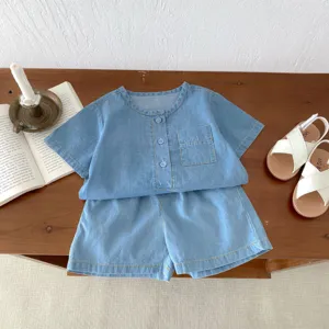Infant baby boys girls summer denim short-sleeve shirt shorts set soft cotton toddler clothing