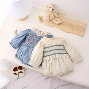 Infant baby girl long sleeve romper with lace collar smocked bodice cute crawler outfit