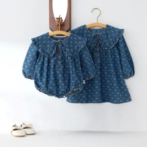 Baby Girls Denim Romper Dress Sister Matching Outfits Cute Bowknot Long Sleeve Toddler Cotton Rompers Children Clothing