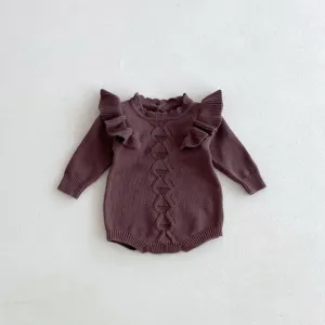 baby knit ruffled long sleeve bodysuit detailed shot featuring cute hollow pattern knitwear