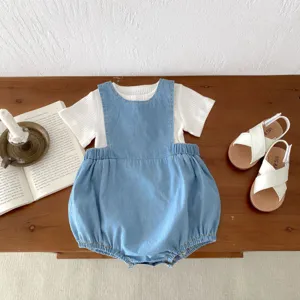 Infant baby denim romper set with white short sleeve t-shirt, soft summer clothing for kids.