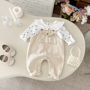 Infant baby girl boy autumn clothing set, white polka dot blouse and khaki denim overall romper.