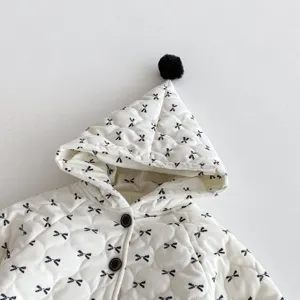 Cute toddler hooded cotton coat detail, white bowknot print winter baby jacket, warm outerwear.