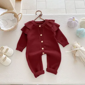 Baby knit romper long sleeve ruffle jumpsuit infant fall winter cozy outfit cute newborn clothing