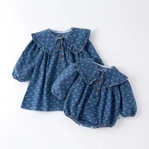Baby girl denim sister matching outfits set long sleeve ruffled collar romper and dress