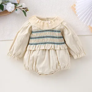 Baby girl long sleeve romper lace collar smocked cute infant crawler toddler outfit spring