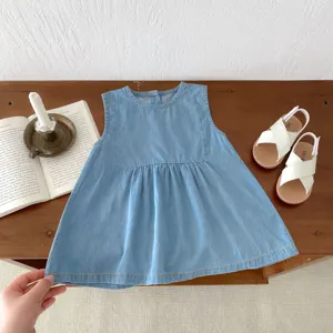 Details of the soft baby denim sleeveless dress, lightweight fabric and fine stitching.