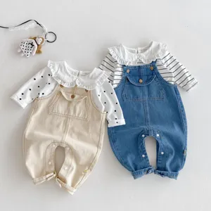 Cute baby romper set with polka dot shirt and denim overalls for autumn spring wear.