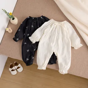 Bébé nouveau-né grenouillère manches longues broderie nœud vêtement de printemps