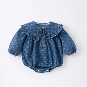 Infant baby girl denim romper cute bow print ruffled collar long sleeve baby jumpsuit
