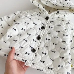 Infant hooded cotton coat with sweet bow print, cozy toddler winter quilted warm jacket outerwear