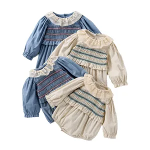 Infant baby girls long sleeve romper cute lace ruffle collar smocked bubble sleeve bodysuit.