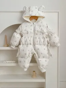 Baby winter down jumpsuit with cute bear ears hood, warm white romper for toddler girls outdoor.
